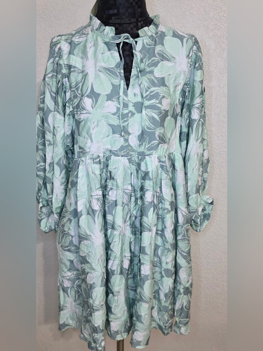 JODIFL Mint Green Floral Long Sleeve Tiered Dress